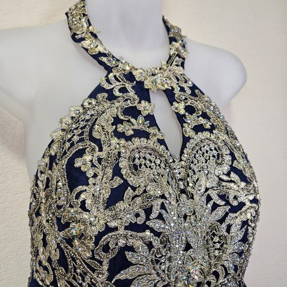 NWT Coya Collection Formal Mini Dress Gown Tulle Ruffle Beaded Halter Blue M - Picture 5 of 16